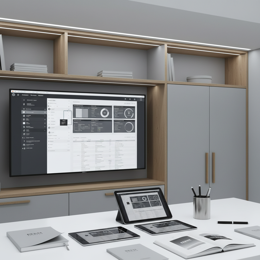A contemporary workspace featuring a large wall-mounted screen displaying an intricate, data-driven content calendar in soft grayscale tones. Below, a pristine white desk holds an organized array of high-end digital tablets, notebooks with clean branding, and a metallic pen holder. The background reveals structured shelving with closed storage and subtle accents of polished wood. Cool, indirect LED lighting creates a crisp, even glow across the scene, reinforcing a high-tech, structured atmosphere. Shot at an eye-level composition with sharp focus throughout, the mood is analytical and methodical, emphasizing the content management expertise of the marketing agency.